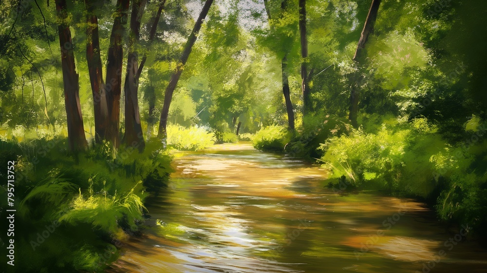 Fototapeta premium River in the forest. Oil painting on canvas. Forest landscape. Fine arts. Impressionist picture of a river in the woods. Old painting by oil. Impressionism or realism.