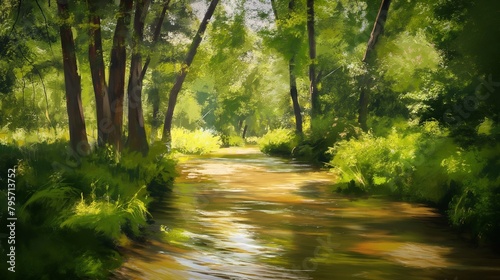 River in the forest. Oil painting on canvas. Forest landscape. Fine arts. Impressionist picture of a river in the woods. Old painting by oil. Impressionism or realism.