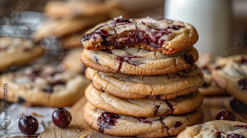   A stack of cookies with one bite-taken, the remainder behind photo