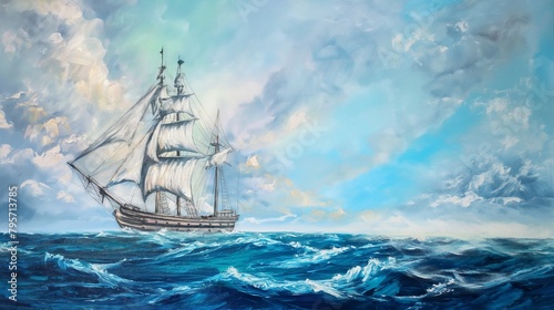 Ship in the sea. Oil painting. Sea landscape. Fine arts. Oil picture. Harsh strokes. Painting by oil. Impressionism or realism.
