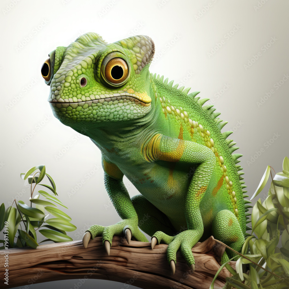 Obraz premium Watercolor Green colored chameleon close up, clipart Illustration, Generative Ai