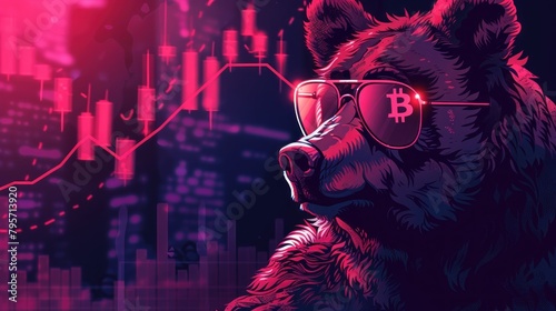 stylish illustration of a bear wearing sunglasses with Bitcoin and stock chart on background. Bearish market crash of BTC