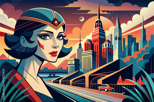 Illustration of a stylized cityscape at dusk with art deco influences, featuring skyscrapers, a crescent moon, a car driving on an overpass, and a figure in the foreground wearing a striped garment.