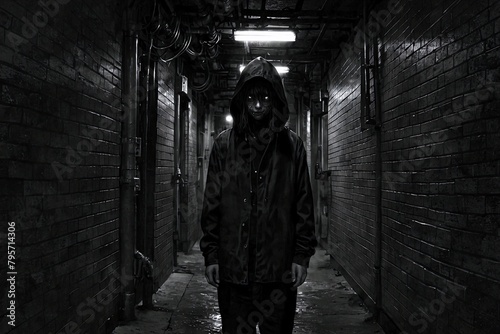 A man in a hooded jacket stands in a dark hallway