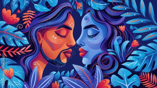 A couple facing each other  surrounded by vibrant blue and orange leaves and flowers. The man has a beard and his hair is a mixture of orange and blue. The woman on the right has her hair combed back.