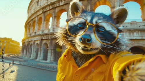 Cute raccoon in yellow shirt and glasses trying to get camera for selfie in Rome, copy space , travel concept, copy space