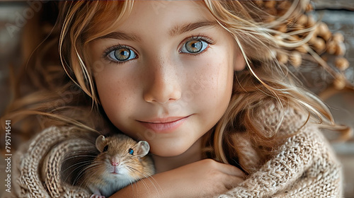 Little girl with a rat. Unusual pets concept