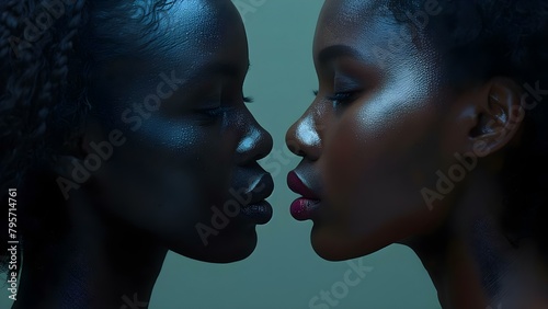Two side profiles almost kissing representing life and death balance of elements. Concept Artistic representation, Balance of elements, Life and death, Side profiles, Symbolic meaning