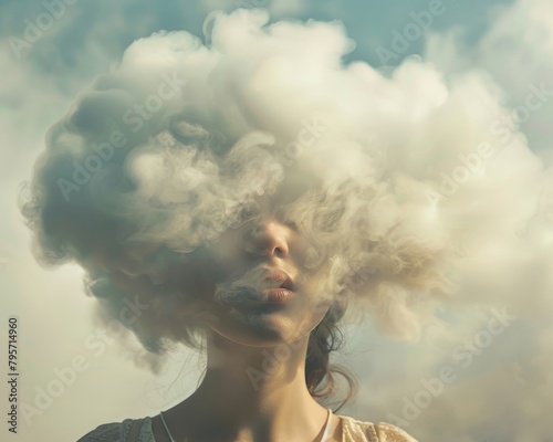 Beautiful female with head surrounded by fluffy clouds, lost in dreamy contemplation photo