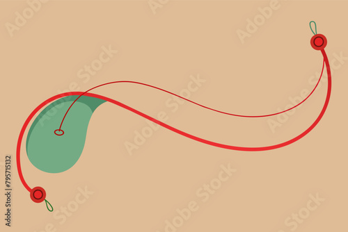 An illustration of a red stethoscope with a green circular membrane on a peach-colored background.