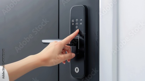 Closeup of a woman's finger entering password code on the smart digital touch screen keypad entry door lock in front of a hotel room or apartment, Modern security, Keyless, Smart device concept.