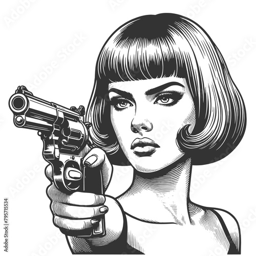 Woman femme fatale confidently wielding a revolver, classic embodiment of film noir aesthetics sketch engraving generative ai fictional character vector illustration. Black and white image.