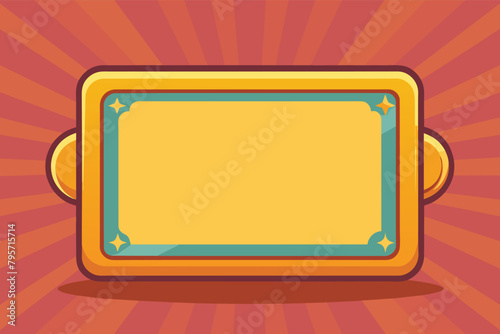 Illustration of a vintage orange and yellow ticket with decorative corners and a blank center space, with a radiant red background and two side handles.