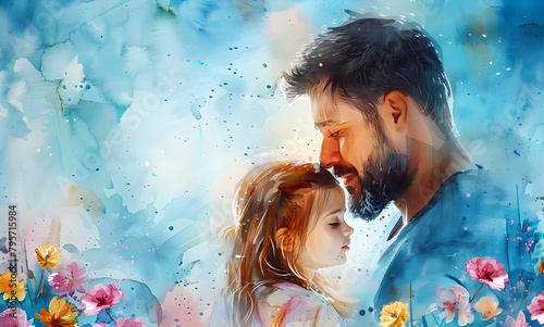 Fathers day greeting card with a portrait of dad and his daughter in arms on a blue background, flowers, and copy space in watercolor painting style.