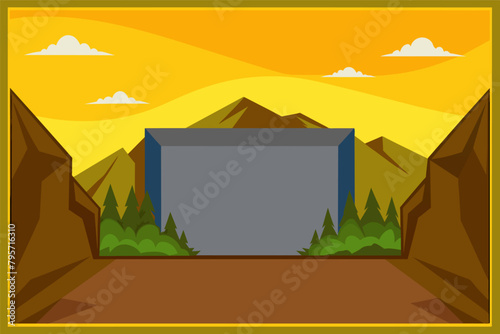 A stylized vector illustration of a large  square gray monument in a valley between mountains  under an orange sky with white clouds.