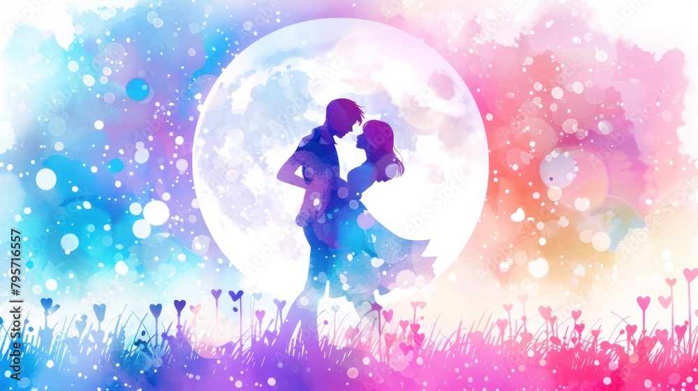 A couple is embracing in front of a large moon. The background is colorful and features hearts and flowers. Valentine's Day. A couple is embracing in front of a large moon. The background is colorful and features hearts and flowers. Valentine's Day.