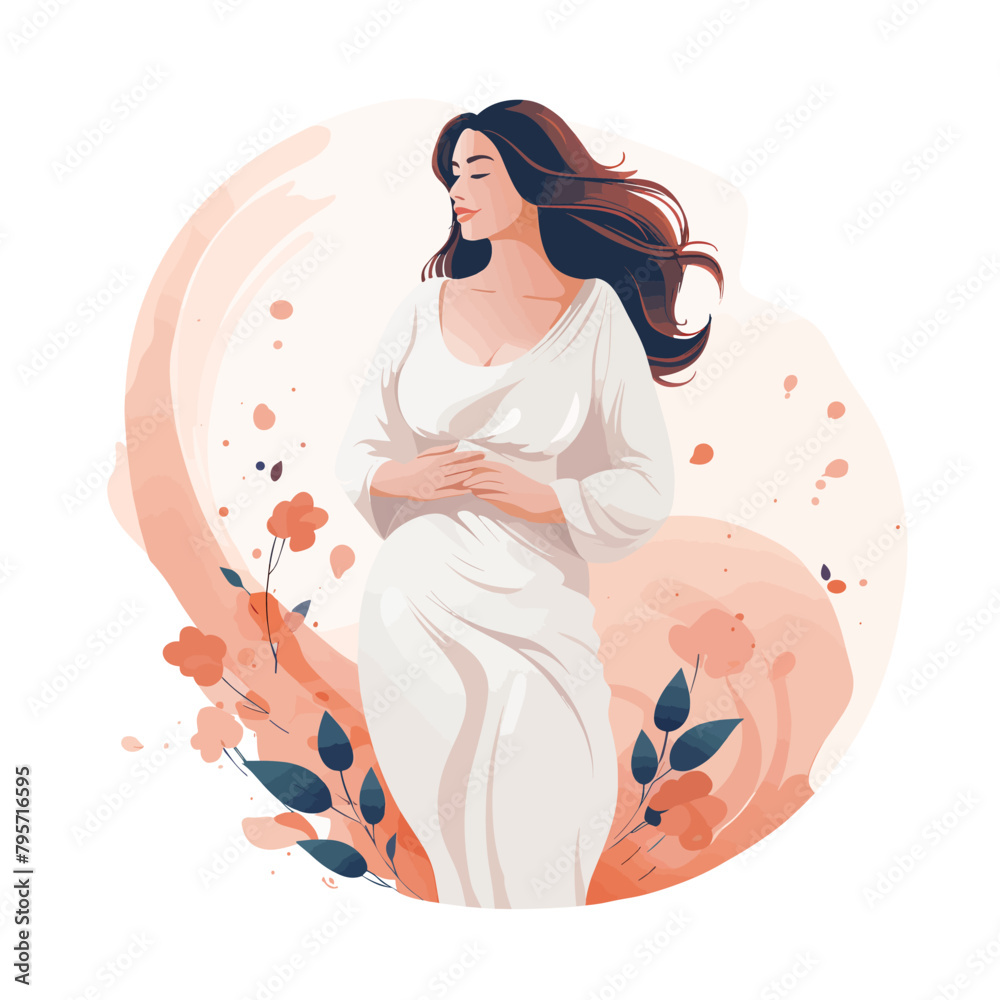 A woman is standing in a white dress with flowers in the background A woman is standing in a white dress with flowers in the background