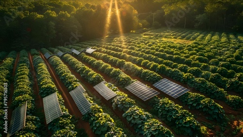 Solar panels integrated into farmland for dual purpose of energy generation and shade. Concept Sustainable Agriculture, Renewable Energy, Solar Farming, Green Technology, Innovative Solutions photo