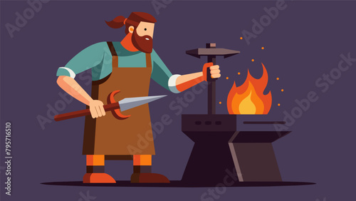 A blacksmith labors over a hot forge crafting a beautifully ornate warhammer a weapon commonly used in HEMA during the medieval times.