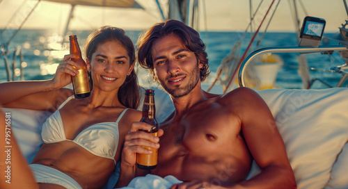 A young couple on holiday enjoying beer on a yacht.