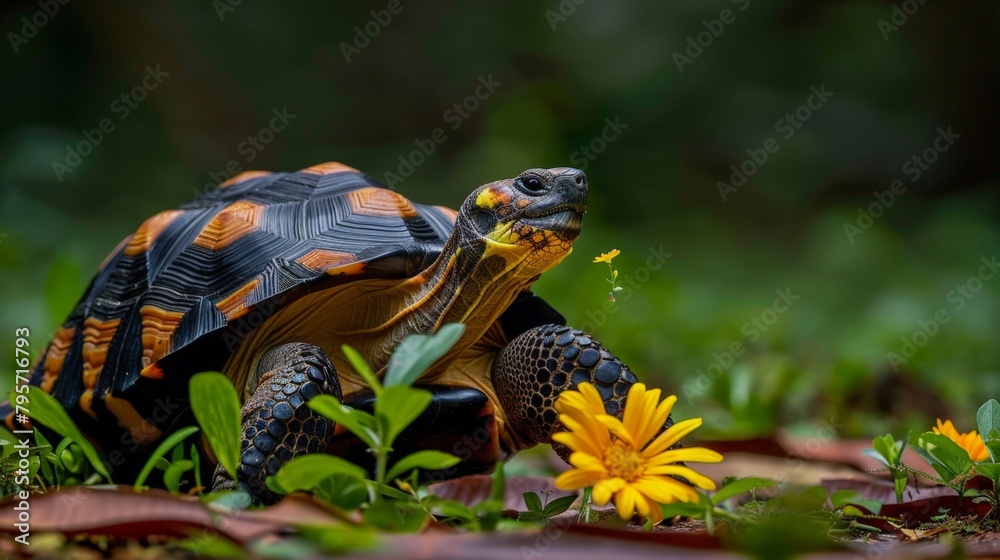 Turtle Walking in Grass with Flower Turtle Walking in Grass with Flower