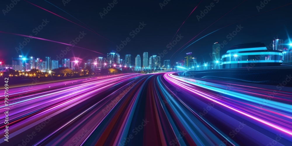 Fototapeta premium Car motion trails. Speed light streaks background with blurred fast moving light effect, Racing cars dynamic flash effects city road with long exposure night lights
