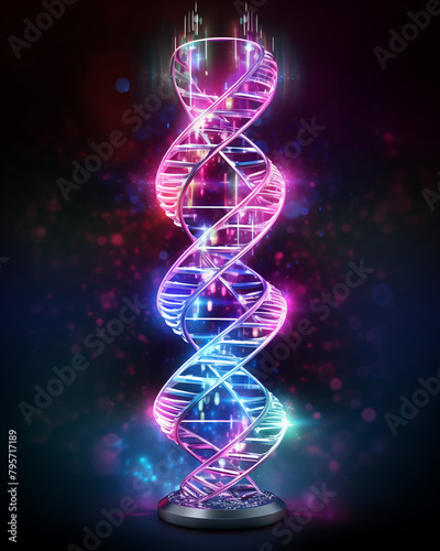 DNA double helix illuminated by neon lights, showcasing the dynamic and exciting field of biotechnology