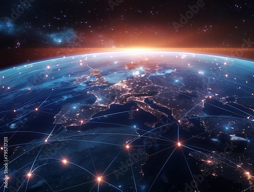 Earth from space, wrapped in a luminous network symbolizing global connectivity, a visual metaphor for our interconnected world