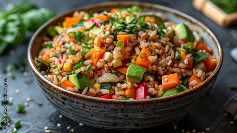 A bowl of rice topped with vegetables sits atop a table, nearby rests a wooden utensil A bowl of rice topped with vegetables sits atop a table, nearby rests a wooden utensil