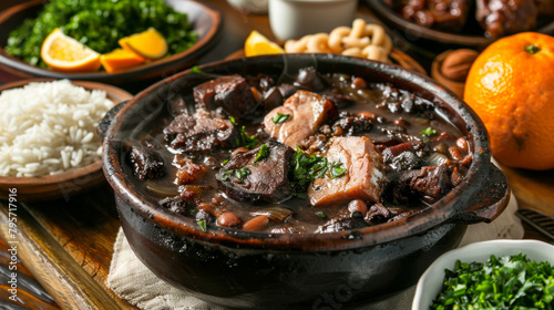 brazilian feijoada food with rice orange and meats