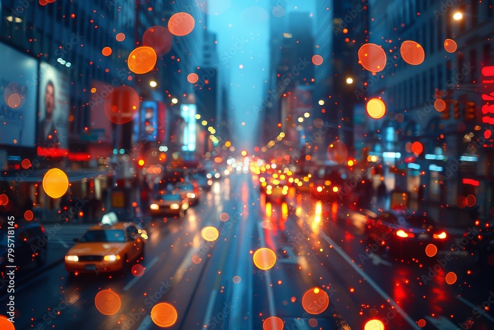 Cityscape comes alive with shimmering bokeh lights and reflections on a wet street, capturing the hustle of urban nightlife