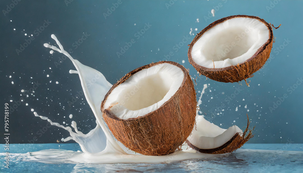 Levitating coconuts and milk splashes. Tasty and healthy food. Blue background. Levitating coconuts and milk splashes. Tasty and healthy food. Blue background.