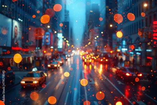 Cityscape comes alive with shimmering bokeh lights and reflections on a wet street, capturing the hustle of urban nightlife