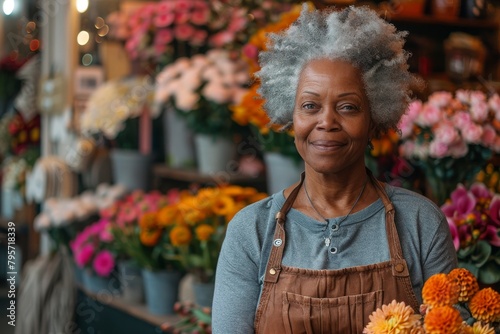 Warm and inviting mature woman owning a floral shop, surrounded by a variety of blooms photo
