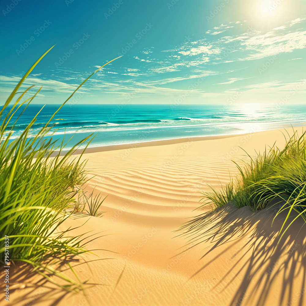 A serene beach scene with the sun setting over the ocean, casting long shadows on the sandy shore and tall grasses.