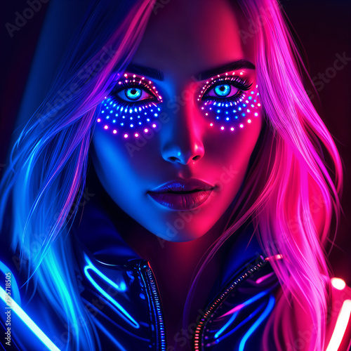 A woman with striking blue eyes and neon pink and purple makeup, including glittering accents around her eyes. She has long blonde hair and is wearing a black jacket with blue lights on it.