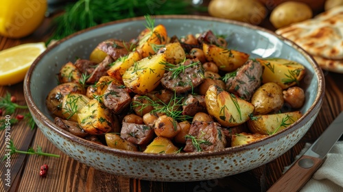  A bowl overflowing with potatoes and meat atop a weathered wooden table Nearby, a knife and lemon wedges await