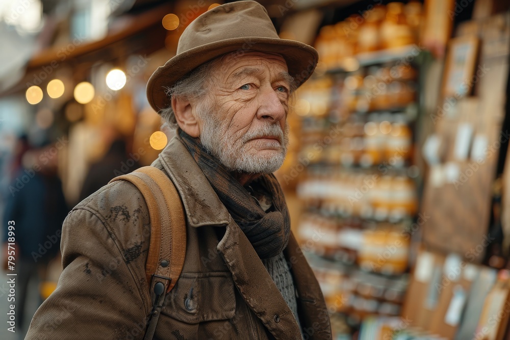 An elderly man with a weathered face wearing a hat and jacket looks pensive at an outdoor market