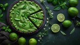   A green cake sits atop a table, surrounded by limes One slice is missing from the cake