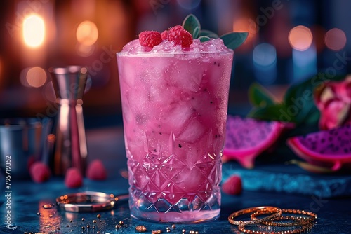 A pink drink with a garnish of raspberries is on a table photo