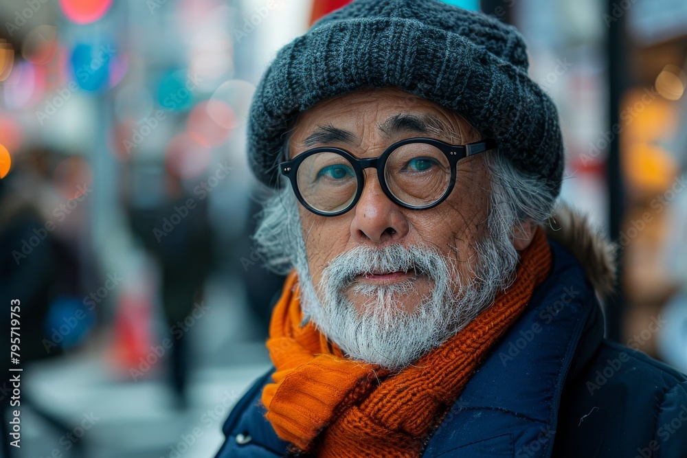 A senior man with a full beard and glasses exudes a sense of contemplation in an urban setting