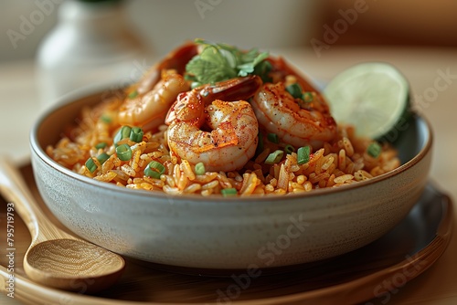 A bowl of shrimp and rice with a lime wedge on top