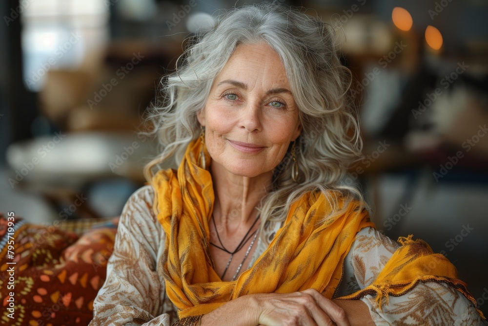 Elegant mature woman with expressive blue eyes and flowing grey hair in a cozy interior