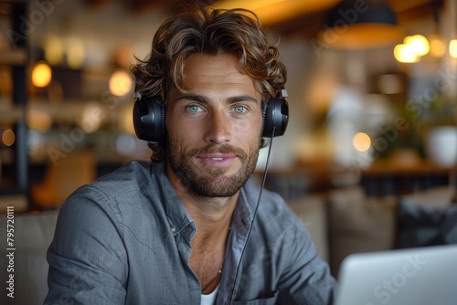 A handsome man with blue eyes wearing headphones while using a laptop photo