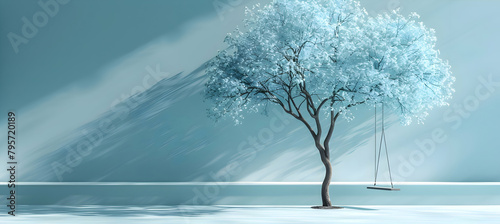 An illustration of a minimalist tree with a swing hanging from one of its branches