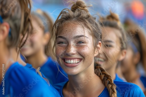 A smiling young female athlete with freckles and team members in the background © Larisa AI