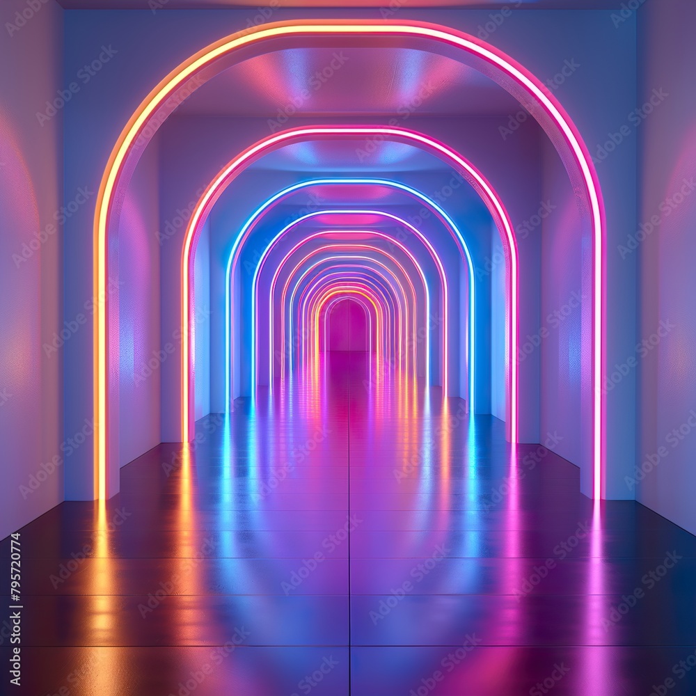 Virtual reality corridor with glowing neon arches and techno lines in a sci-fi design 