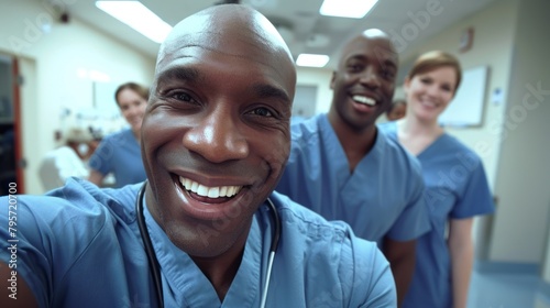 A group of doctors are smiling for a selfie in a hospital hallway.