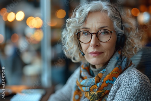 An elegant senior woman with silver hair and eyeglasses works with headphones in a cozy environment