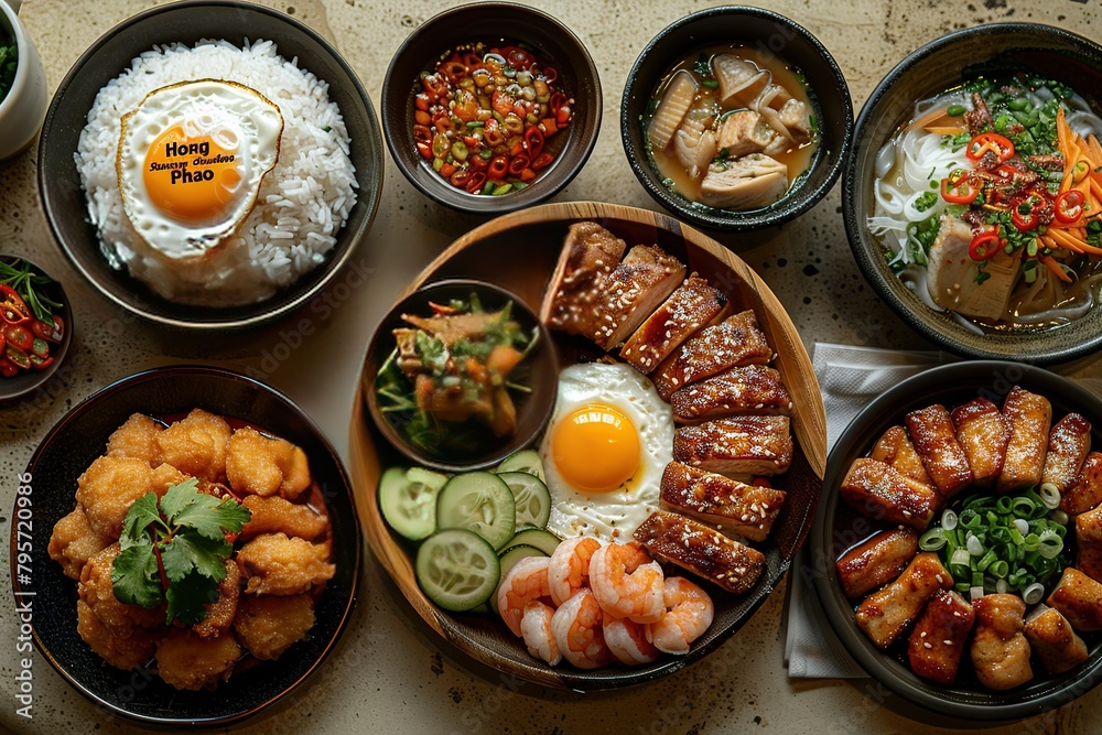 A top down view of an array of Vietnam dishes